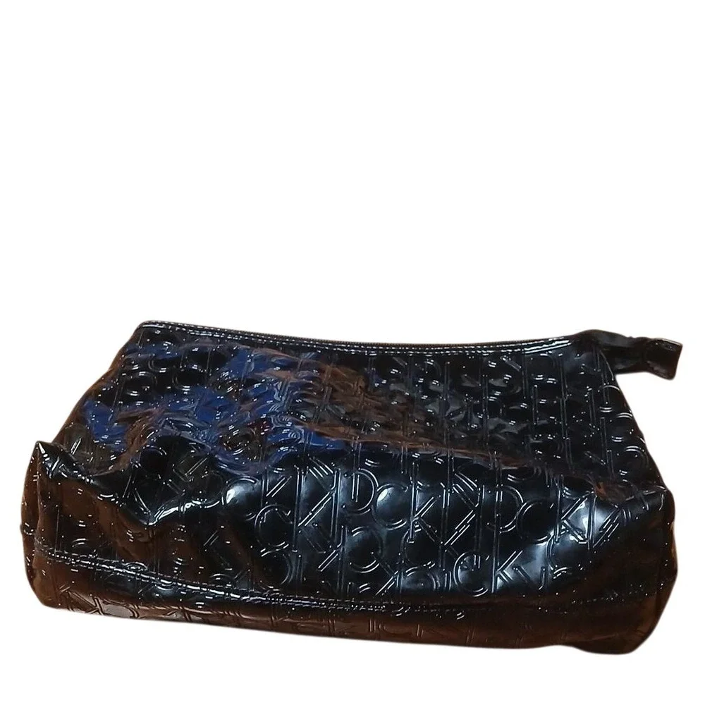 Calvin Klein Cosmetic Bag Women One Size Black Patent Embossed‎ Logo Pouch NEW
